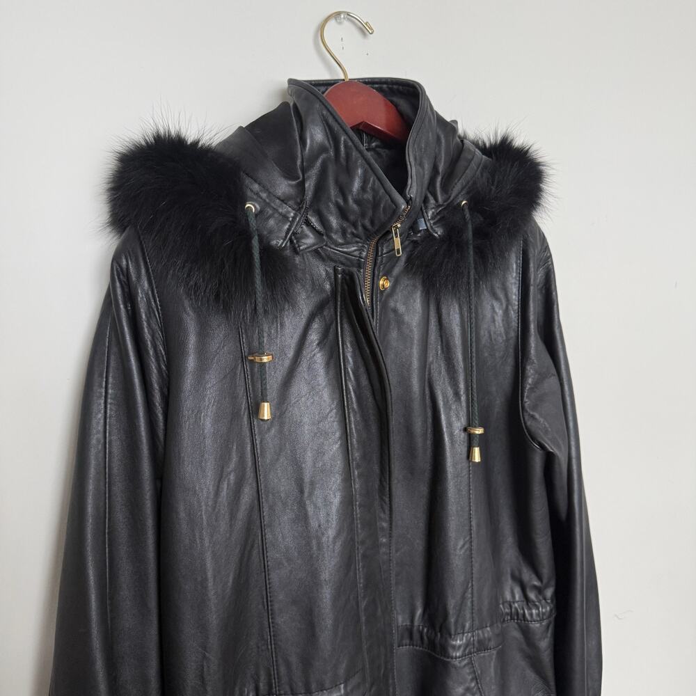 Worthington Womens Genuine Leather Coat Large Black Hooded Faux Fur Trim Luxury - Picture 3 of 16